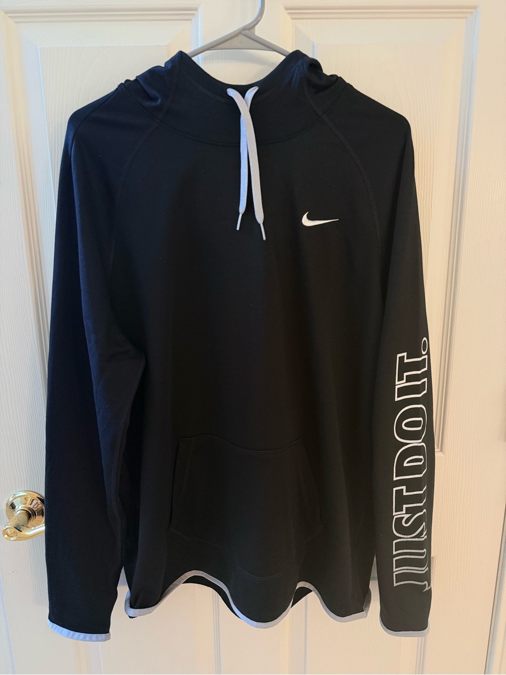 Nike Black Hoodie with White Swoosh and White Sleeve Text